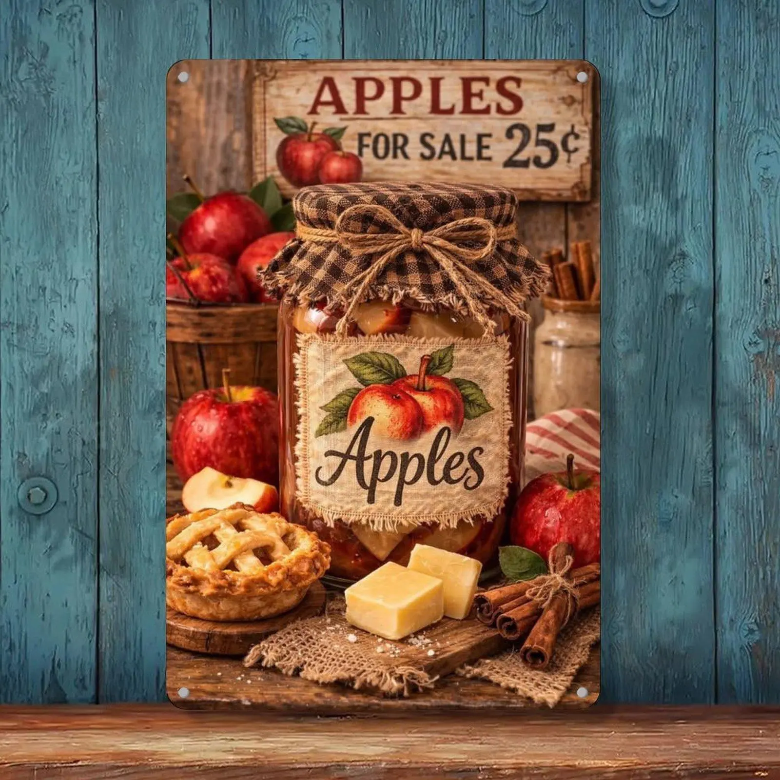 8x12in Retro Iron Tin Sign - Apples Pie Cinnamon Jar Farm Kitchen Decor, Country Bakery Wall Art Plaque for Home Supplies Room