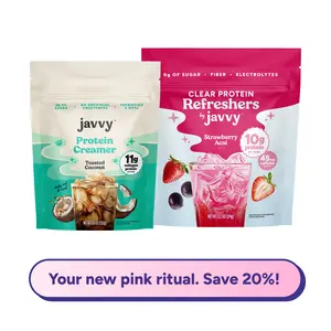 Javvy Pink Protein Drink Bundle with Collagen - Strawberry Acai Refresher & Toasted Coconut Coffee Creamer – Pink Strawberry Coconut Refresher with Clear Whey, Electrolytes & Collagen – Keto Friendly, No Added Sugar