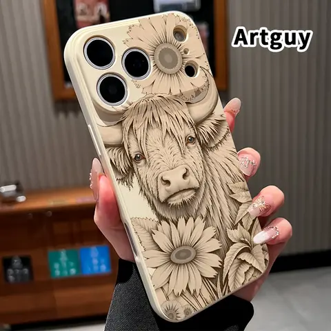 Flocked Silicone Straight Edge Durable Phone Casing for iPhone Series (17,16 Pro Max,15 Plus,14,13,12,11,Air,XS,XR) - Skin-friendly Matte Anti-drop Full Coverage Accessory, Flexible TPU Hugs Phone, Cushions, Enhances Easy Grip, E Bull Among Blooms Pattern