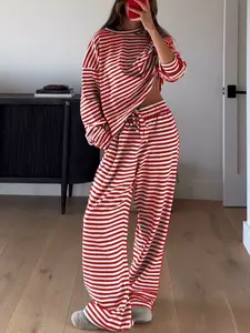 Women's Casual Striped Long Sleeve Top & Pants Set, Comfortable Loose-Fitting Two-Piece, Fashionable Clothing for Daily Wear