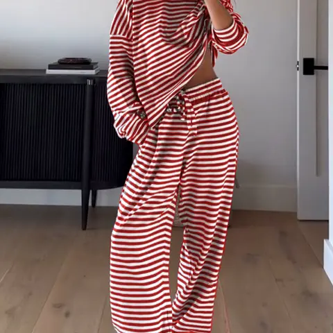 Women's Casual Striped Long Sleeve Knit Top & Pants Set, Casual Pantsuit, Outfit, Comfortable Loose-Fitting Two-Piece, Fashionable Womenswear Clothing for Daily Wear