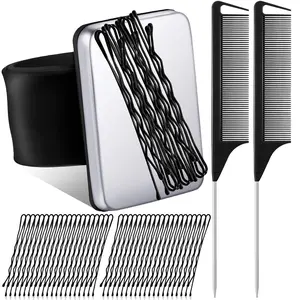Patelai Magnetic Silicone Wrist Strap Hair Braiding Tools Magnetic Wristband Sewing Pincushion with 2 Rat Tail Comb, 72 Pieces Hairpins for Braiding, Sewing, Quilting, Hair Styling(Black)