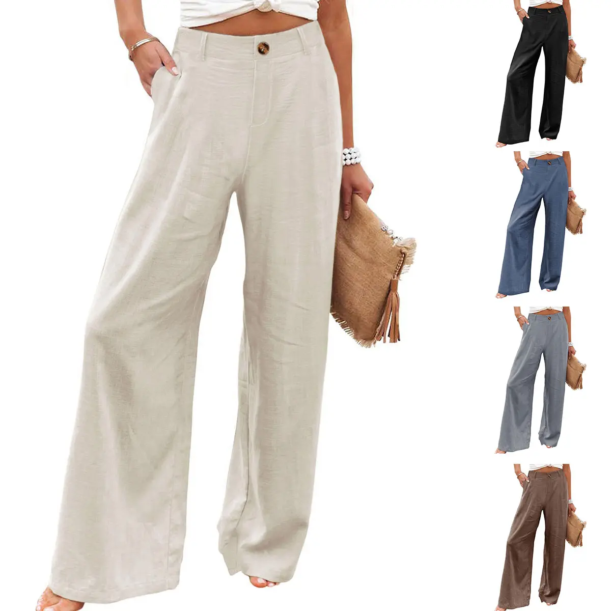 Molitree Womens Cotton Linen Pants Casual Button Up High Waisted Wide Leg Trousers Wideleg Loose Womenswear Apricot