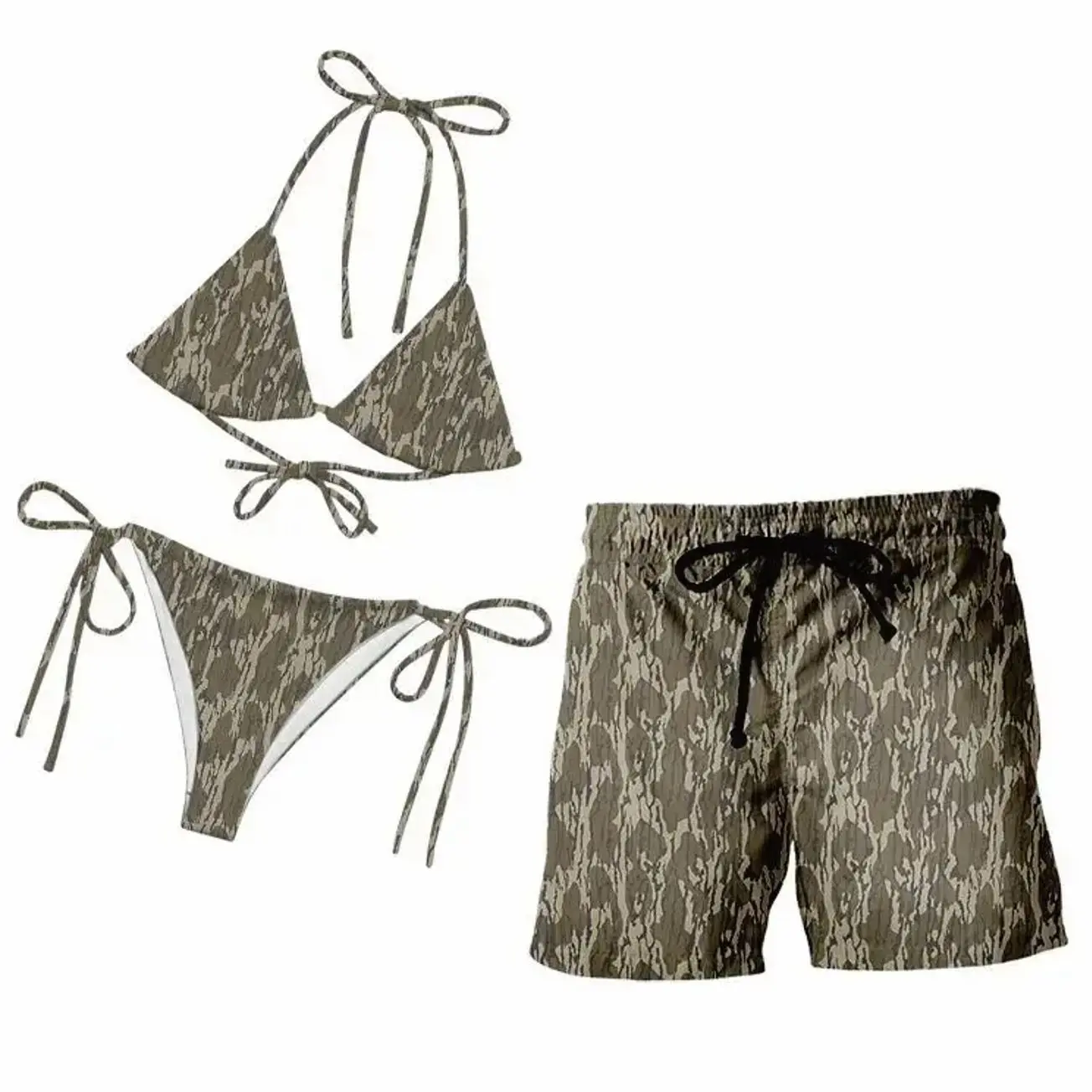 Matching Couple Swimwear - Bottomland Camo String Bikini & Men's Board Shorts Set Classic Bark Camouflage Hunting Style Outdoor Swimsuits, Quick-Dry Beachwear for Lake & River Life, Country Couple Gift, ZLY