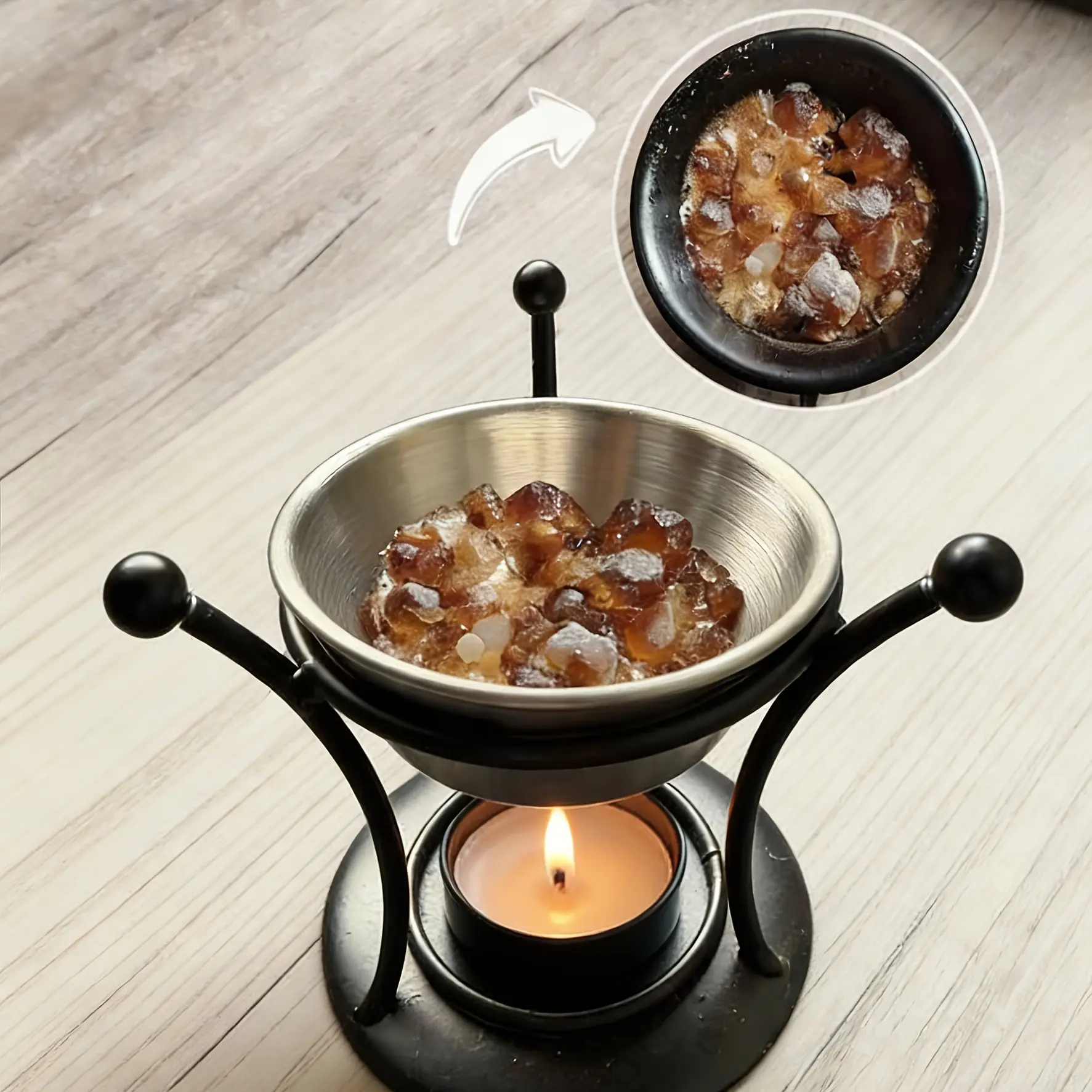 Black Portable Metal Incense Holder Kit - Candle-Powered Frankincense & Sandalwood Diffuser, Includes Spoon & Tweezers, Excludes Candles, Ideal for Religious Practices & Yoga Enthusiasts, Home Fragrance Supply, Metal Holder