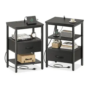 Bedside Table with USB‑C Charging Ports – 3‑Tier Nightstand with Adjustable Fabric Drawers & Storage Rack