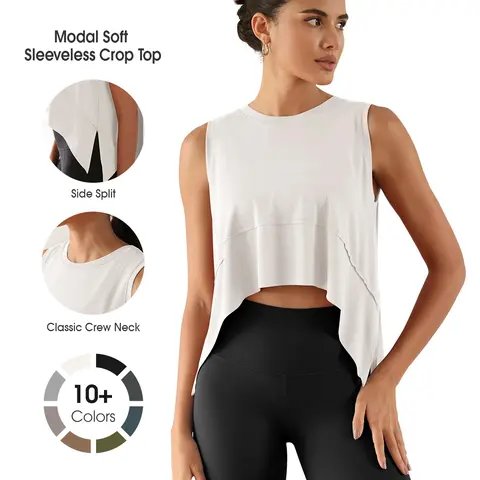 ODODOS Women's Modal Soft Sleeveless Crew Neck Waist-Slimming Cut Crop Tank - Women's Tops, Gym Clothes, Workout Tops, Breathable Summer Fitness Sports Tank