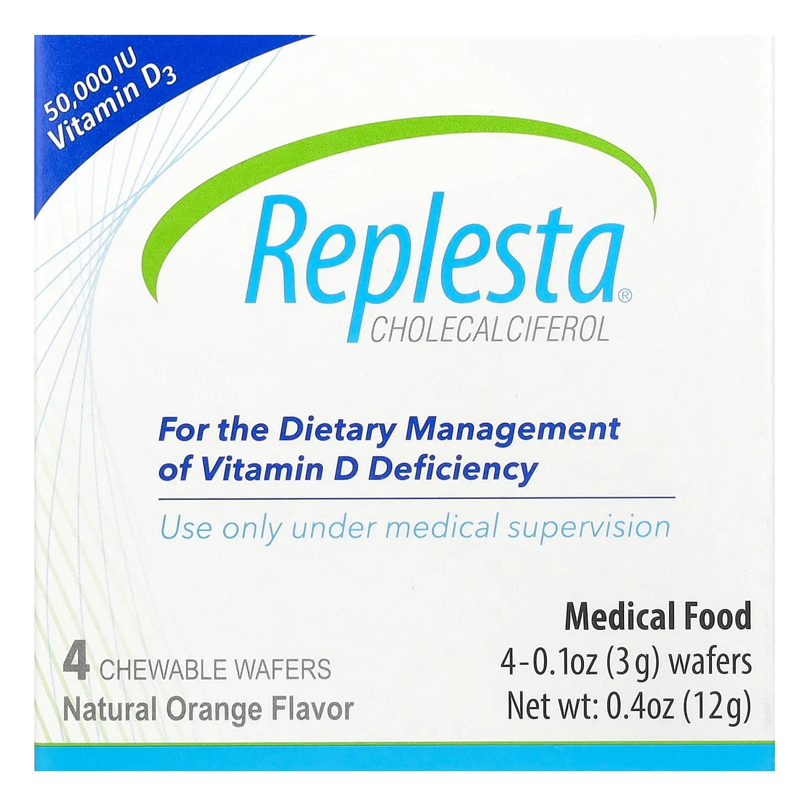 Replesta Cholecalciferol, Vitamin D3, Natural Orange, 50,000 IU, 4 Chewable Wafers, 0.1 oz (3 g) Each