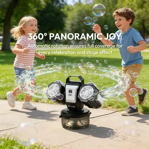 Automatic Dual Head Bubble Machine, Remote Charging, RGB Atmosphere Light, 360° Rotation, Includes 50ML Concentrate, Wedding Party Outdoor Use, Automatic Bubble Blower