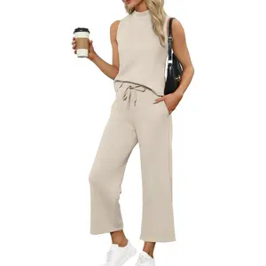 Two Piece Sets for Women Summer Outfits Lounge Sets Mock Neck Tops Wide Leg Crop Pants Vacation Travel OutfitsGift