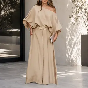 2026 Women's Skew Neck Lantern Sleeve Top & Wide Leg Pants Set & Wedding Gust classy two piece sets 