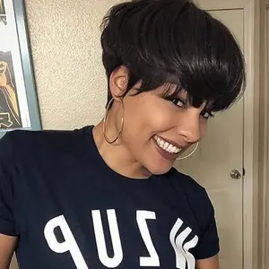 Brown Wigs for Women 8" Pixie Cut Wigs Synthetic Short Pixie Wigs with Bangs Wefted Wig Caps