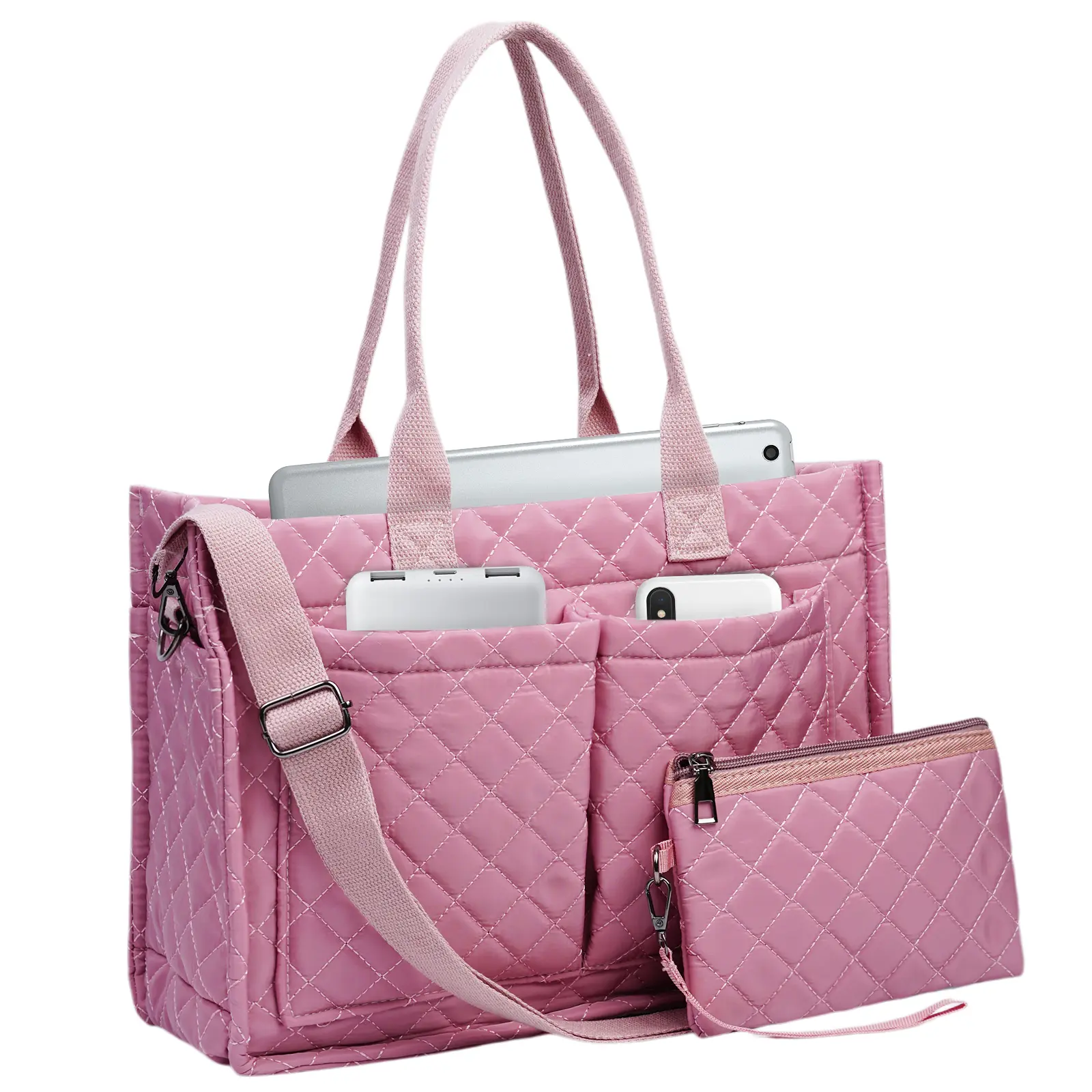 2pcs Quilted  Shoulder Tote Bag with Removable Crossbody Strap for Women, Fits 13″ Laptop or Tablet, Multi-Pocket Organizer , Women’s Laptop Tote ,Lightweight Everyday Work Office School Travel Carryall