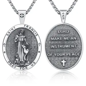 Sebina Saint Francis Medal Necklace Religious Oval Pendant Peace Prayer Silver Jewelry, For Catholic Faith Gifts/Wear, Devotion Symbol Piece
