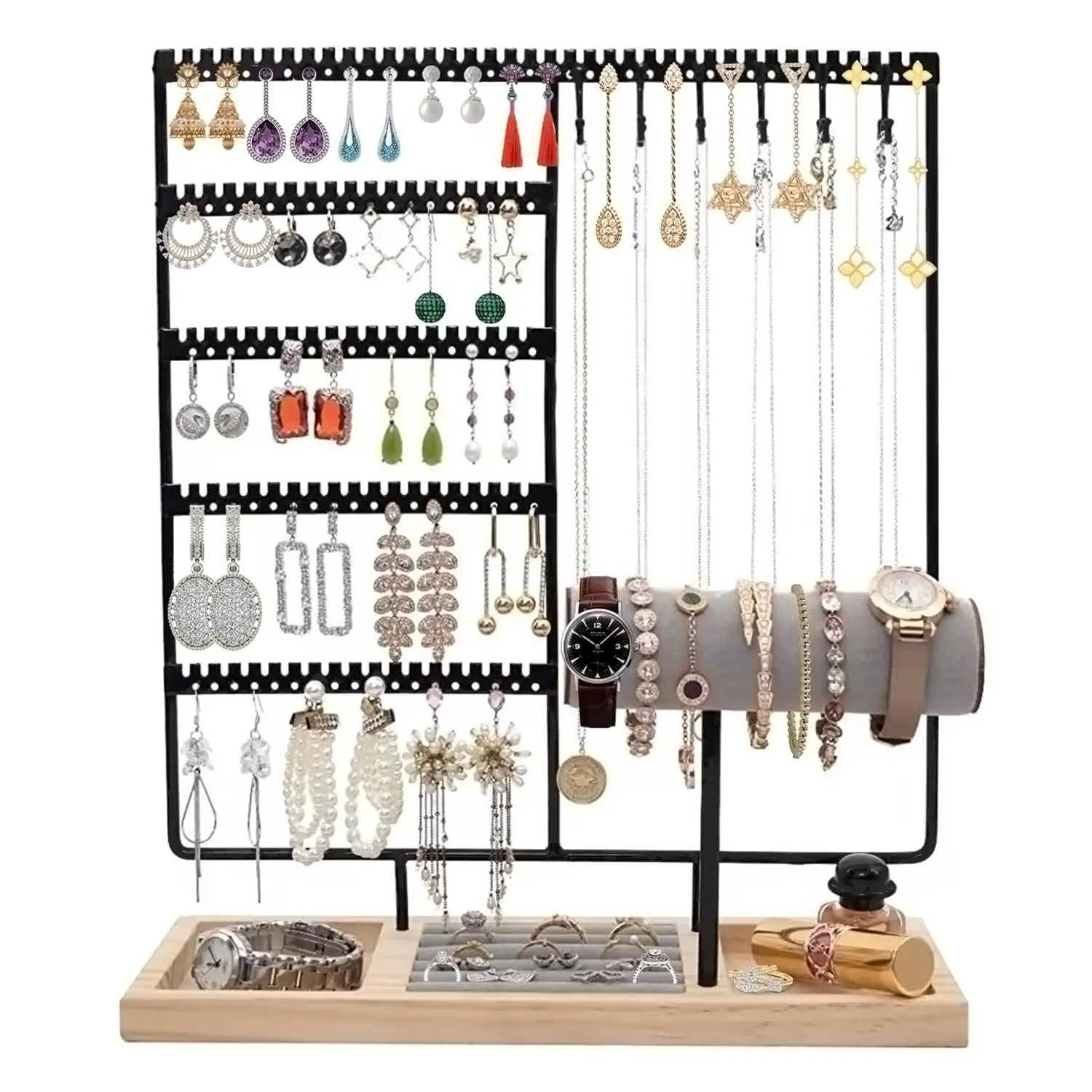Earring Holder,5-Tier Ear Stud Holder with Wooden Tray, Jewelry Tower Rack with 108 Holes, 12 Hooks Necklaces Hanging, for Bracelets Earrings Rings Watches