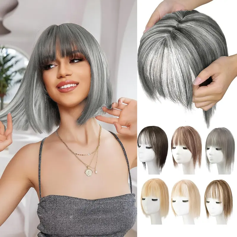 12-inch women's wig with bangs, natural, lightweight and breathable, covers grey hair, invisible seamless design, fluffy and realistic, hair top wig, clip-on for thinning hair, ideal for thin hair, summer style,casual hair topper, Clip Hair Extensions