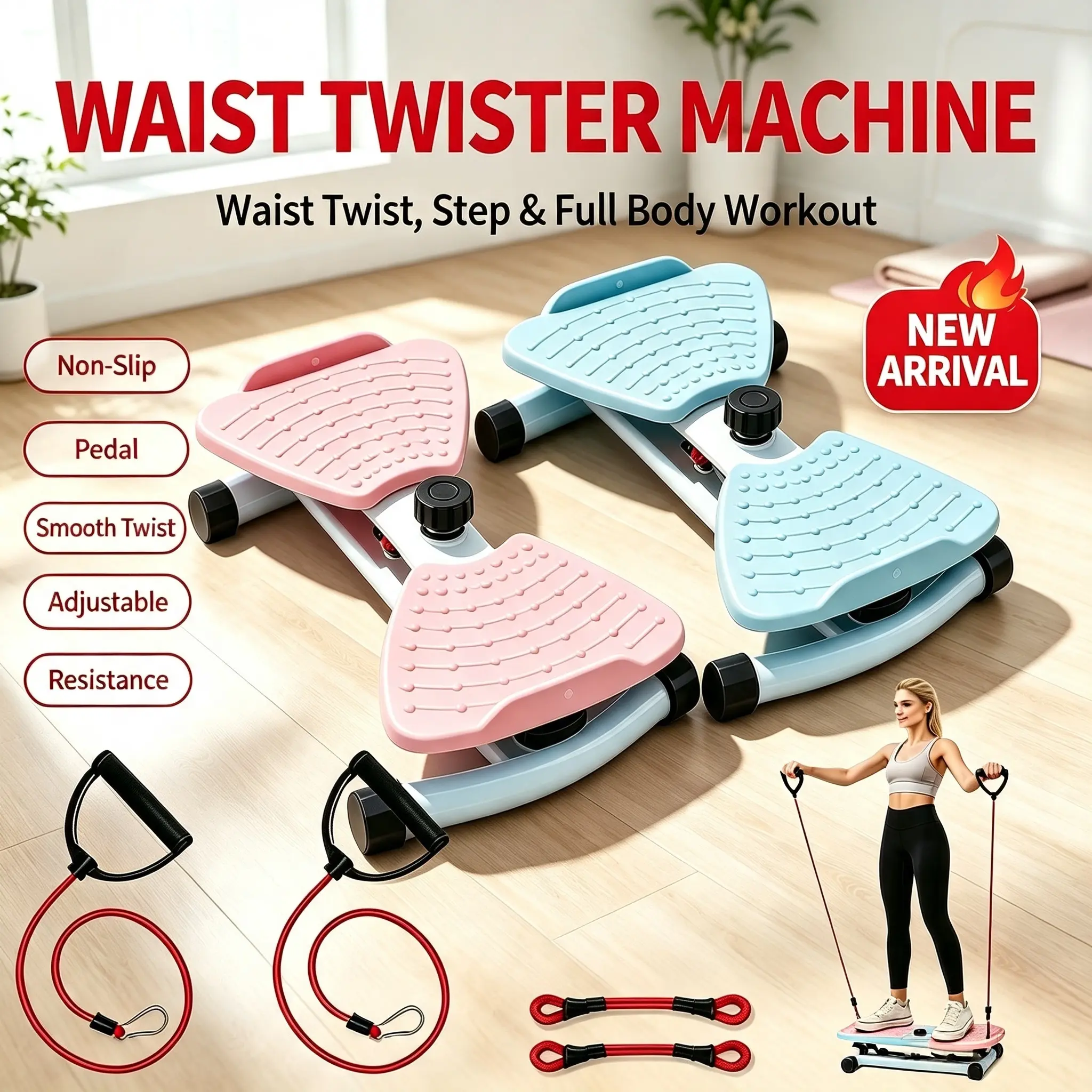 Waist Rotation Twister Board with Detachable Resistance Bands, 180 Degree Rotating Balance Trainer with Massage Nodes, Non-Slip Waist Twisting Plate, Compact Portable Home Gym Gear for Full Body Exercise, Indoor Fitness Equipment for Home & Office