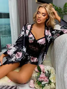 Women's Floral Print Contrast Lace Robe without Pyjamas Set, Chic Flounce Sleeve Belted Dressign Gown, Silky Ladies Sleepwear for Spring & Fall