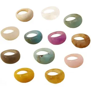 12 pcs Colorful Resin Rings Wide Thick Dome Knuckle Finger Stackable Joint Ring Retro Acrylic Transparent Vintage Jewelry Party Elegant Handmade Gift (Size 6-8)