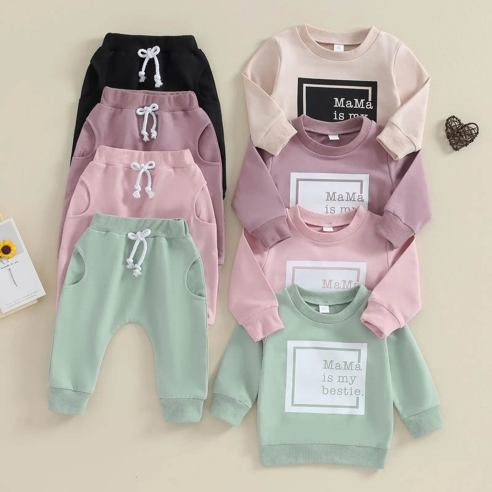 Toddler Baby Boy Girl Fall Winter Clothes Mama Is My Bestie Letter Print Sweatshirt Long Sleeve Pullover Pants Set