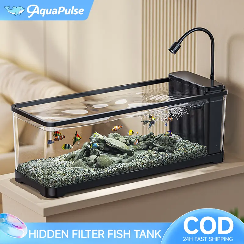 AquaPulse Hidden Filter Fish Tank with LED Light, Black Frame, and Decorative Rocks for Aquarium