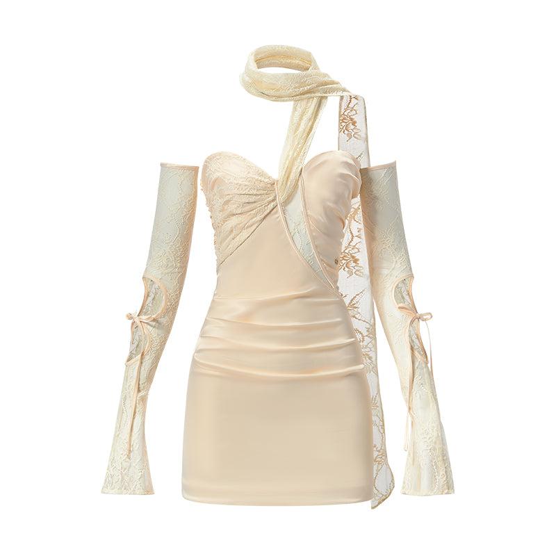 Sheer Luck Monaco Satin and Lace Flutter Sleeve Dress (Cream)