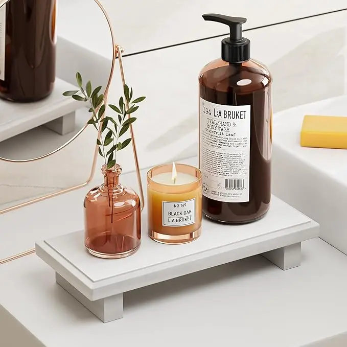 KLM Small Wood Tray Pedestal Stand，Farmhouse Bathroom Decor，Decorative Wooden Riser Kitchen Soap Dish Holder for Vanity，wood riser.Suitable for bathroom tray  vanity, countertop, sink.(White)