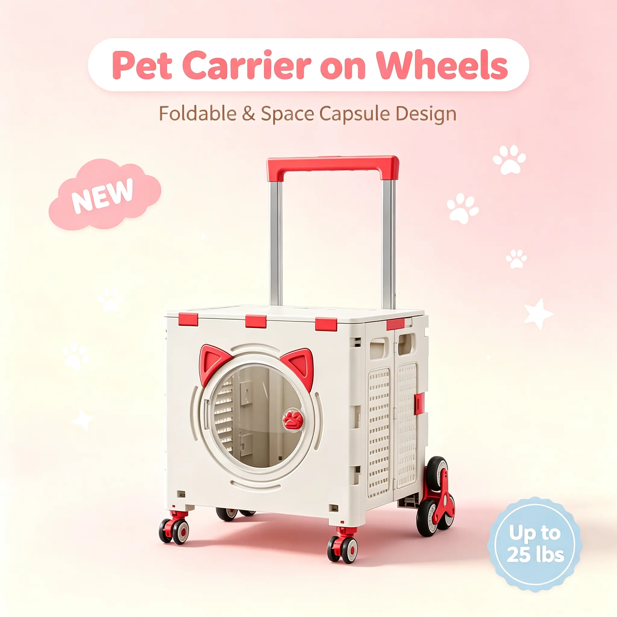 Foldable Rolling Pet Transport Cart with 8 Climbing Wheels, Stair-Climber Cat and Dog Travel Carrier, Mobile Pet Stroller for Outdoor Adventures