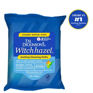 T.N Dickinson Witch Hazel Soothing Cleansing Cloths | Removes Dirt, Oil, Impurities | For Oily, Irritated, Red, Damaged, Blemished, Sensitive Skin | 25 Total Wipes