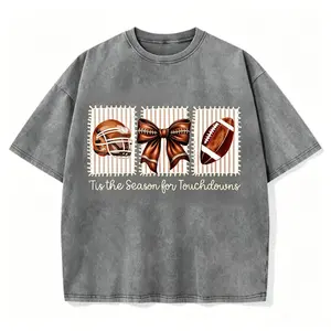 Washed Summer Top| Comfortable Fabric, Bowknot Print Pattern, Football Shirt, Touchdown Season, Retro Game Day Shirt, Soccer Mom Gift, Soccer Mom Season Shirt, Local Warehouse