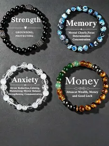 Elegant Boho Crystal Bracelet Stack, Tiger Eye Obsidian Hematite Beads, Protection Money Attraction Anxiety Relief, Gift for Mother Father Day