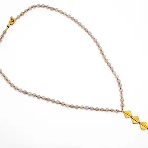 Lariat Labradorite Necklace with Brass Pyramid Pendant and Natural Beaded Chain.