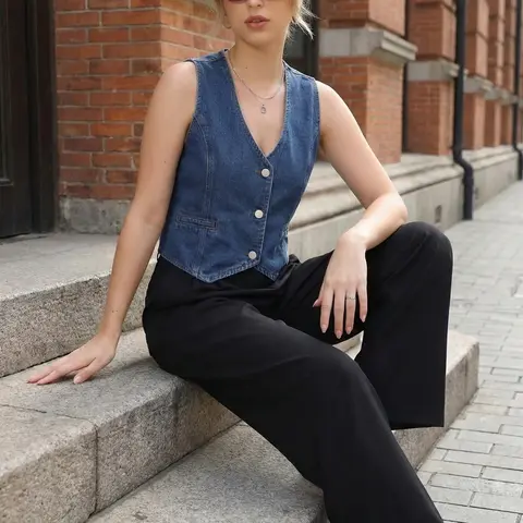 INSPIRE CHIC Women's Denim Vest Sleeveless Jacket V Neck Button Down Jean Suit Crop Tank Tops