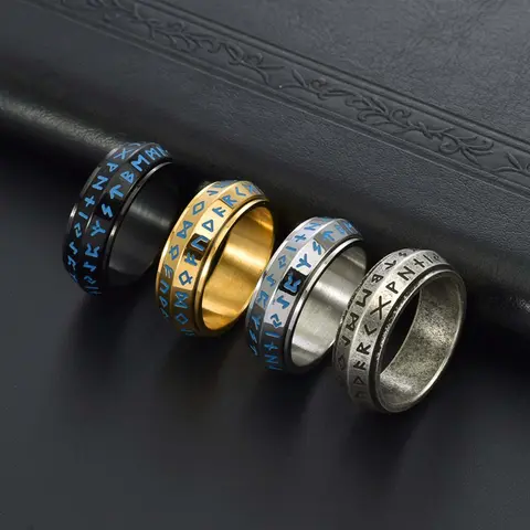 Unisex Style Vintage Stainless Steel Beveled-Edge Rotating Luminous Viking Rune Ring - Unique LED Glowing Artificial Gemstone Accessory for Adults, Low Light Cocktail Jewelry, Ideal Party Gift, Rings for Women, Shared Style