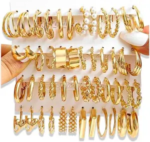 16-24 Pairs Gold Silver Black Earring Set for Women, Chunky Earring Multipack Punk Trendy Big Small Stud Hoop Earring Lightweight Twisted Pearl Ear Pack For Daily Birthday Party Gift Simple Retro Silver Earrings for Women