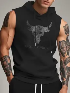 Men's Project Rock Cow Head Hooded Sleeveless Vest, Gym Training Tank Top, Slim Fit Muscle Cut, Breathable Moisture-Wicking Fabric, Sports Fitness Vest