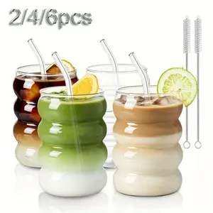 4/6pcs 350ml/11.8oz High Borosilicate Glass Coffee Cups with Straws, Vibrant Glass Cups, Ripple Shaped Vintage Drinking Glass Matcha Cups Clear Aesthetic Glassware for Water, Soda, Tea, Soda, Juice, Coffee, Milk, Matcha, Perfect Gift