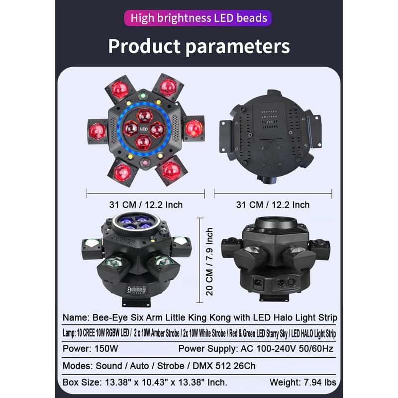 Professional DJ Light 6-Arm 150W Moving Head RGBW Bee-Eye Beam with LED Halo Ring DMX512 26 Channel Laser Starry Sky White Amber Strobe Sound Activated for Events