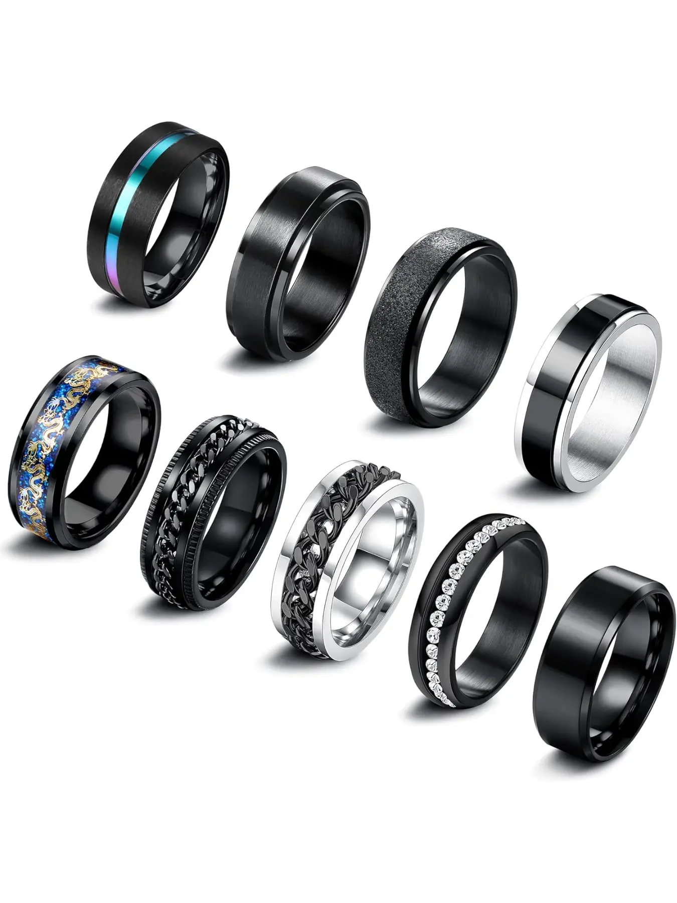 9 Pieces Stainless Steel Rings, Metal Rings Men's Fidget Ring Spinner Ring Vintage Signet Ring Band Ring Men Wedding Ring Engagement Ring Black Silver Rings Set Stackable Rings Anxiety Ring for Men Women Jewellery