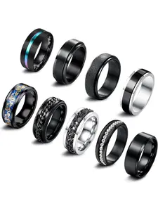 9 Pieces Stainless Steel Rings Men's Fidget Ring Spinner Ring Vintage Signet Ring Cool Band Ring Men Wedding Ring Engagement Ring Black Silver Rings Set Stackable Rings Anxiety Ring for Men Women Jewellery Stacking Rings
