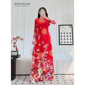 Lucky Longevity Blossom Red Vietnamese Ao Dai No Pants K20