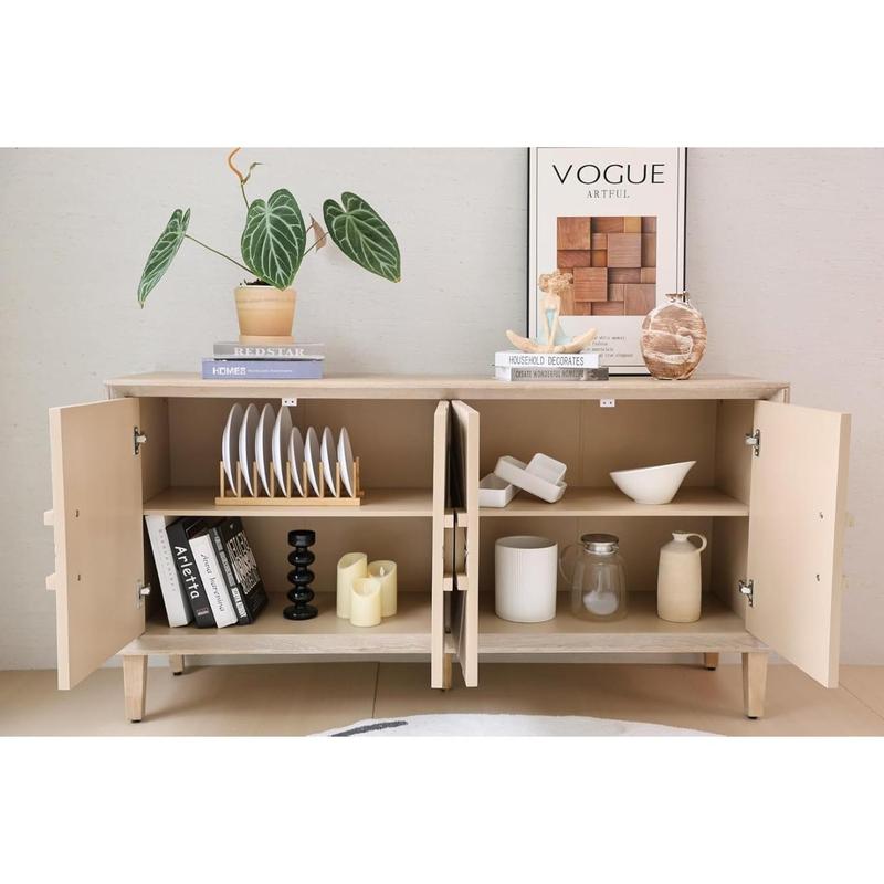 Sideboard Buffet Cabinet, 60" Large Accent Credenza Cabinet with Sunburst 4 Doors & Adjustable Shelf for Living Room, Rustic Brown Kitchen Buffet Table with Storage, TV Stand Media Console