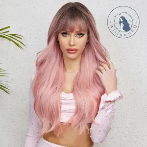 INSTYLE  26 Inches Ombre Pink Wig with Bangs Long Wavy Wigs for Women Heat Resistant Wigs for Daily Party
