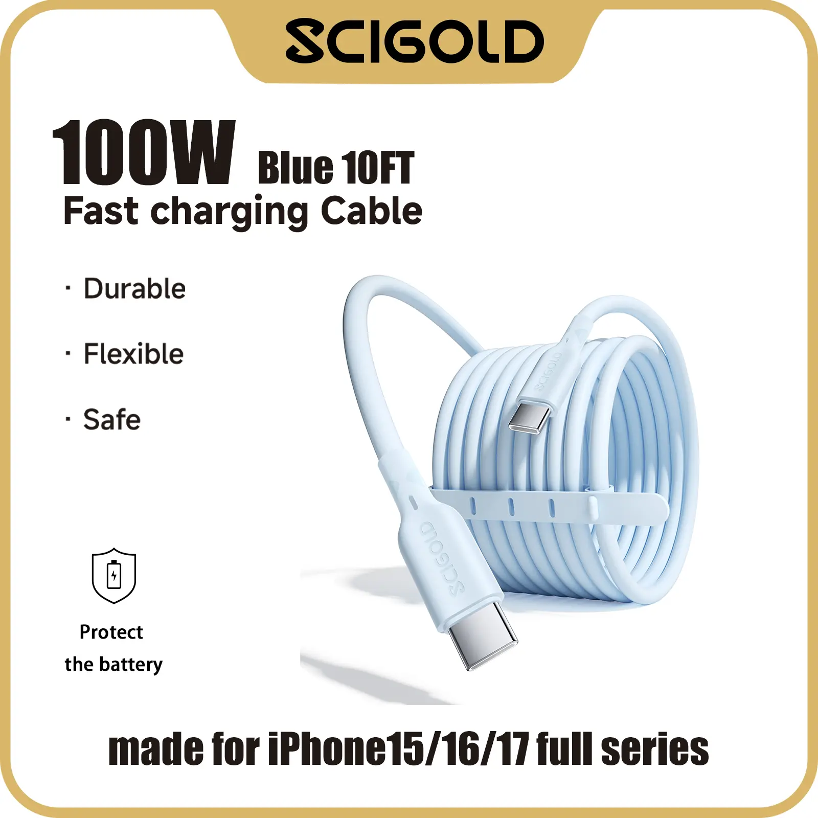 Scigold  USB-C to USB-C 100W Fast Charging Cable Blue 10FT, Soft Silicone PD Charger Cord for iPhone 15/16/17 Series, Samsung Galaxy S24/S23, MacBook Air/Pro, iPad Pro tiktokshopbacktoschool