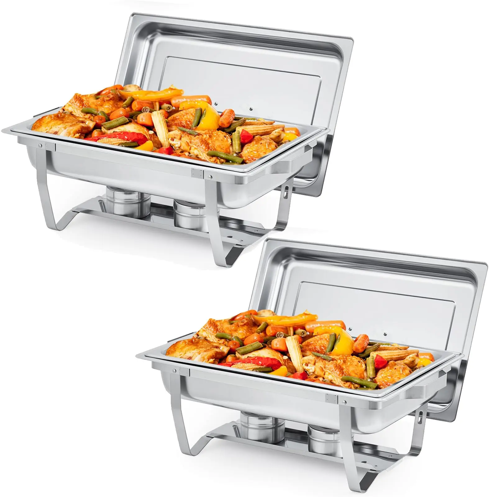 Garvee 2-Pack 8QT Silver-Material Stackable Buffet Chafing Dishes - Desserts Serving Pans & Food Warmers Set