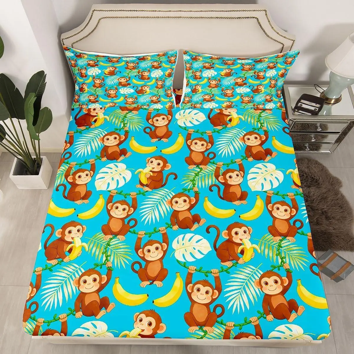 Cartoon Monkeys Print Bedding Sheet 3D Kawaii Animals Blue Pattern Fitted Sheet Botanical Branches Bed Sheet Set Room Decor Comforter Cover