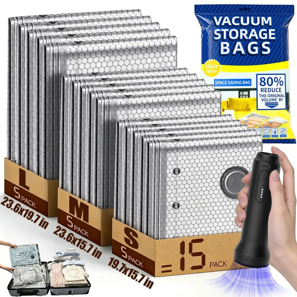 Lightweight, easy-carry cordless vacuum compression storage bag set for travel, resealable lock design, rechargeable cordless hand pump, available in 3 sizes (9/15/20/24-pack), waterproof pouches
