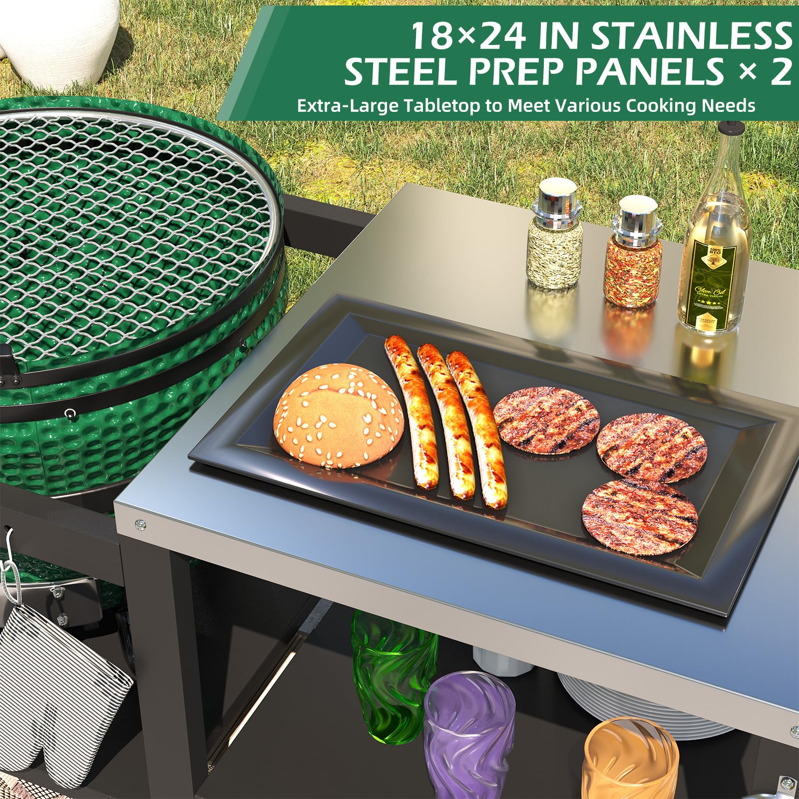 YODOLLA Outdoor Grill Table for Big Green Egg, 69.7" Stainless Steel Grill Cart with Cabinet & Shelves, Heavy Duty 920LBS Outdoor Kitchen Island, Compatible with Large Big Green Egg, Kamado Joe Classic