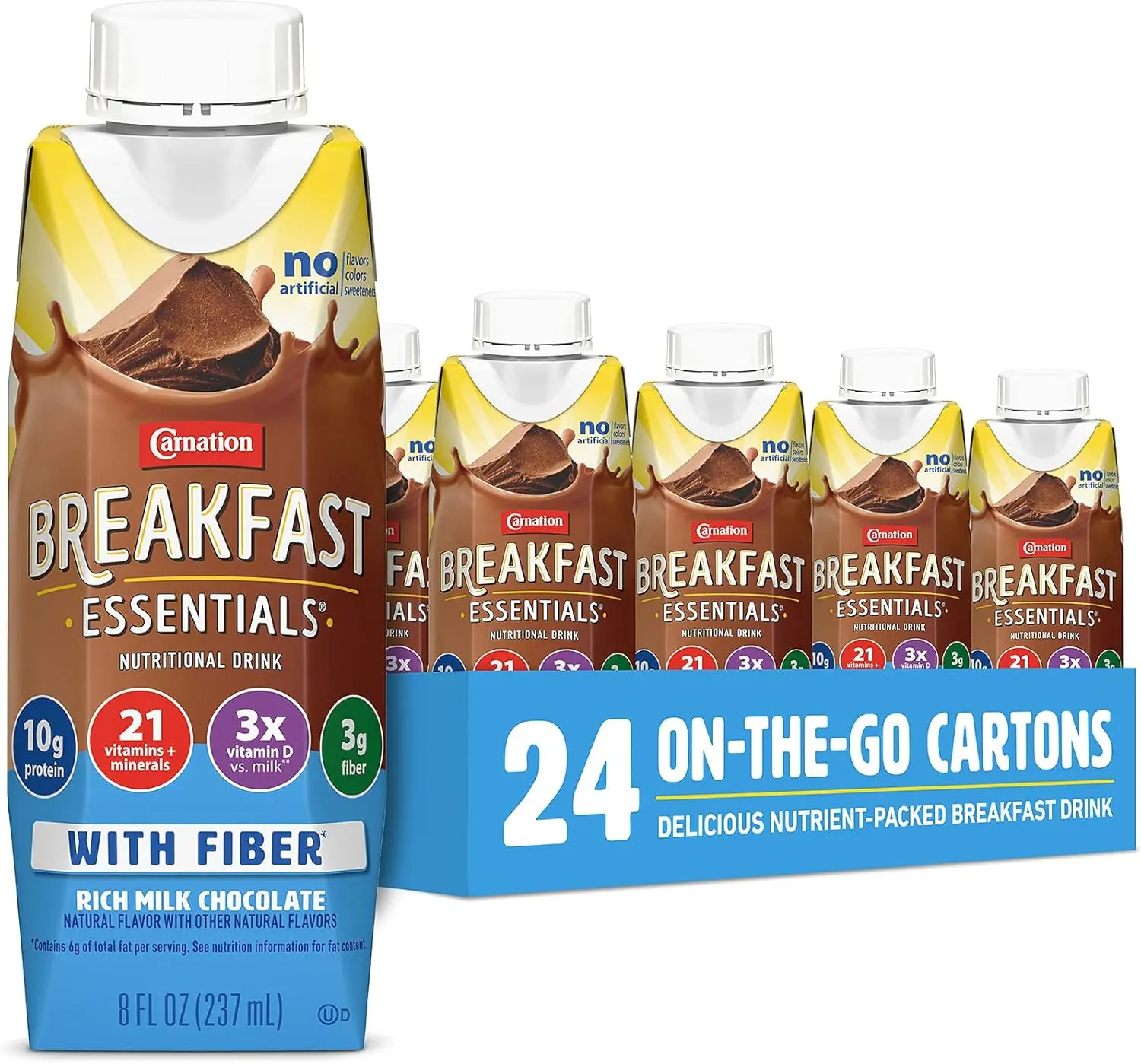 Carnation High-Protein Chilled Chocolate Beverage - 10g Per Serving, High-Fiber, Rich Milk Cocoa Flavor, 21 Vitamins & Minerals, Zinc Sulfate, Folic Acid, Kosher, 8 fl oz Carton, 24-Pack, 24-Month Shelf Life (Packaging May Vary)