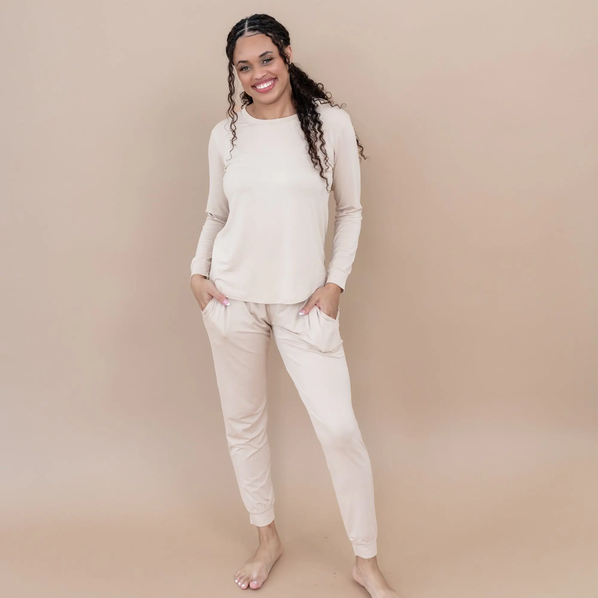Women's Soft Bamboo Rayon Pajama Set, 2-Piece Long Sleeve & Jogger Loungewear, Breathable Spandex Nightwear with Elastic Waist, Fabric